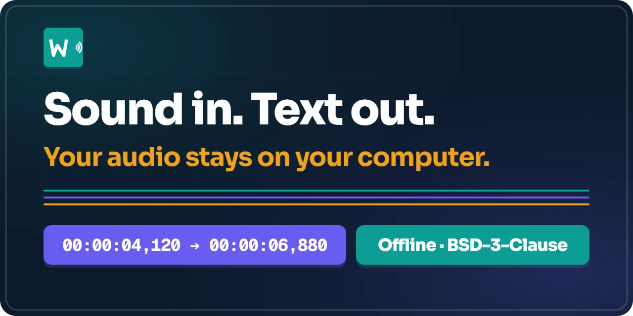 Animation: a time line becomes per-word timed subtitles, English subtitles made offline with faster-whisper, whisper.cpp or Parakeet, and 14 transcript formats with no account.