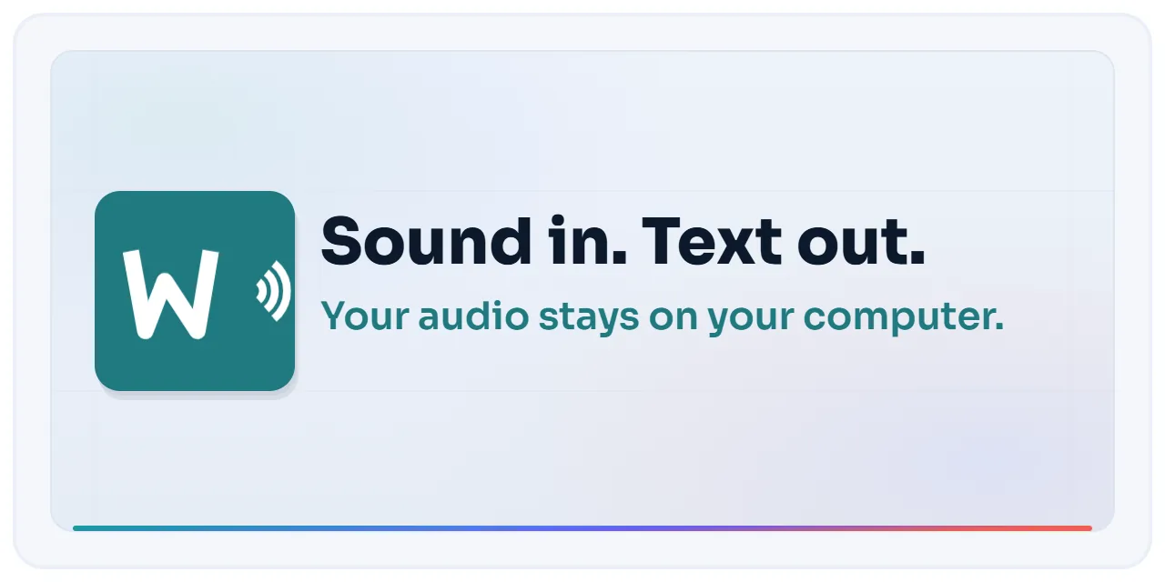 Animation: an interview with two labelled speakers, a lecture turned into timed subtitles, a video link turned into a subtitled video, live captions from a microphone, and the transcript saved next to the file as SRT, VTT, DOCX and PDF.