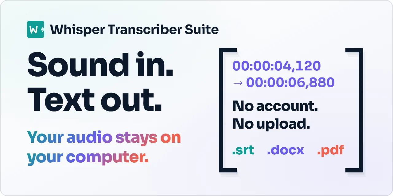 Animation: the words Sound in become a timed transcript of two speakers, saved as SRT, DOCX and PDF, with no account and no upload.