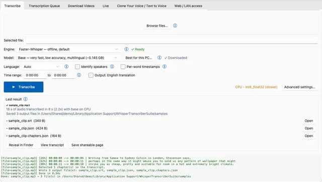 Transcribe tab: drop target, engine, model and language pickers, speaker-label and word-timestamp options