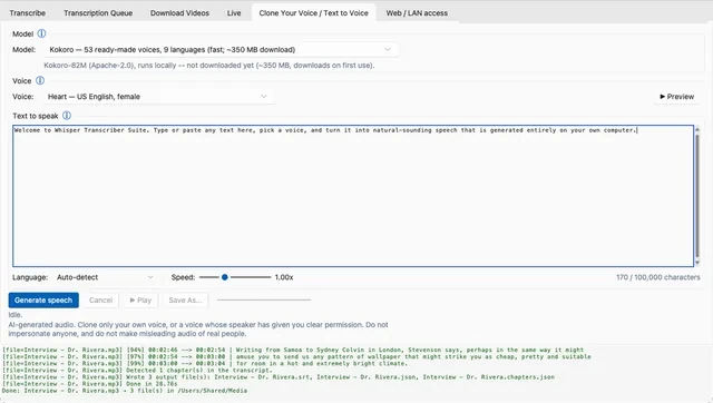 Clone Your Voice / Text to Voice tab: OmniVoice model, voice sample, text to speak, language and speed