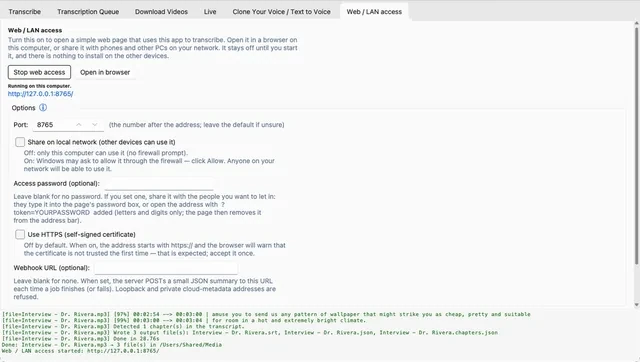Web / LAN access tab: start web access, port, share on local network, access password and HTTPS options